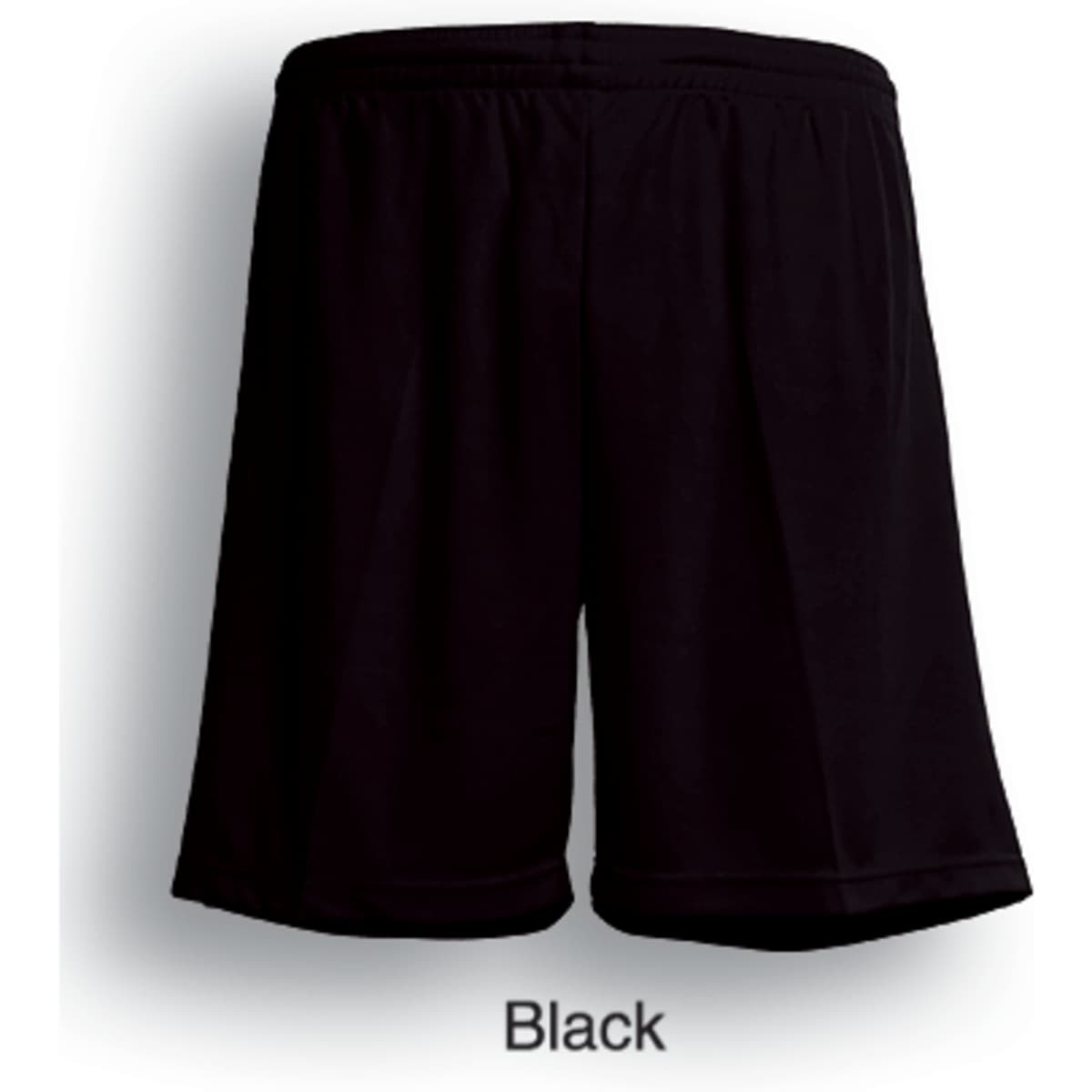 Black unisex football shorts with an elastic waistband, featuring a logo on the back.
