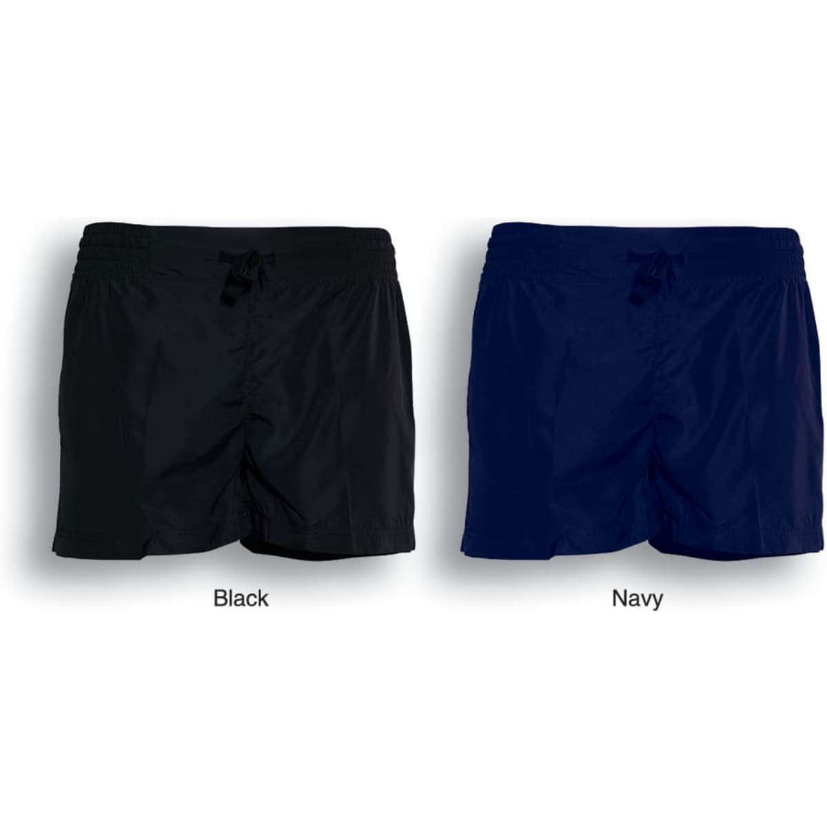 Ladies athletic shorts in black and navy, featuring an elastic waistband and tie. Includes a logo on the waistband.