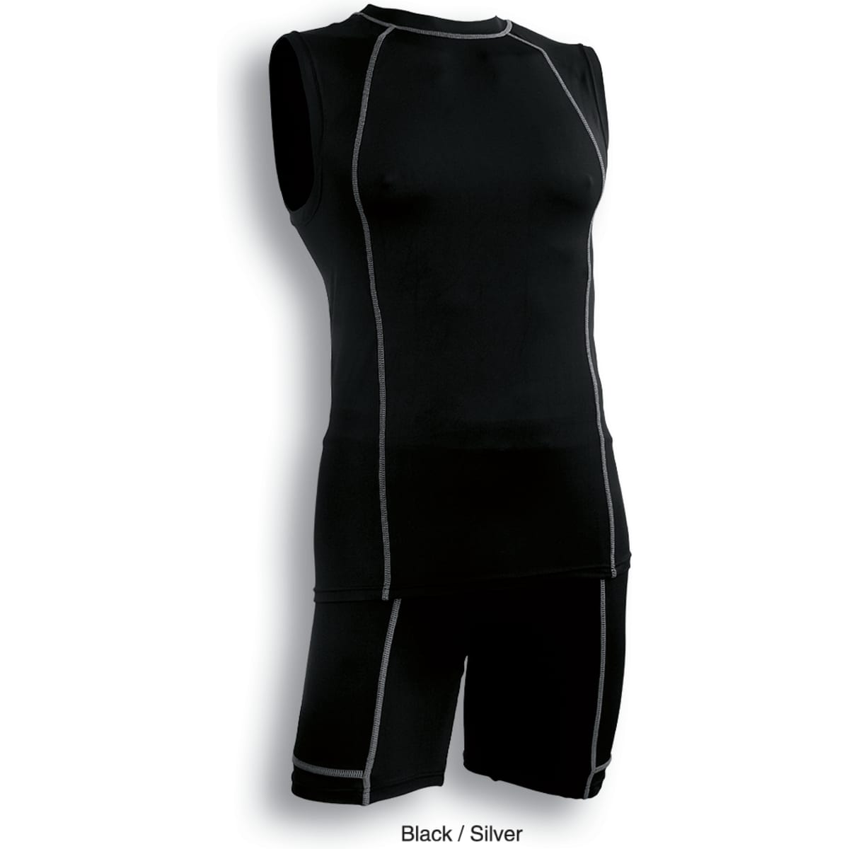 A black and silver athletic set featuring cropped bike shorts and a sleeveless top, with contrasting stitching details.