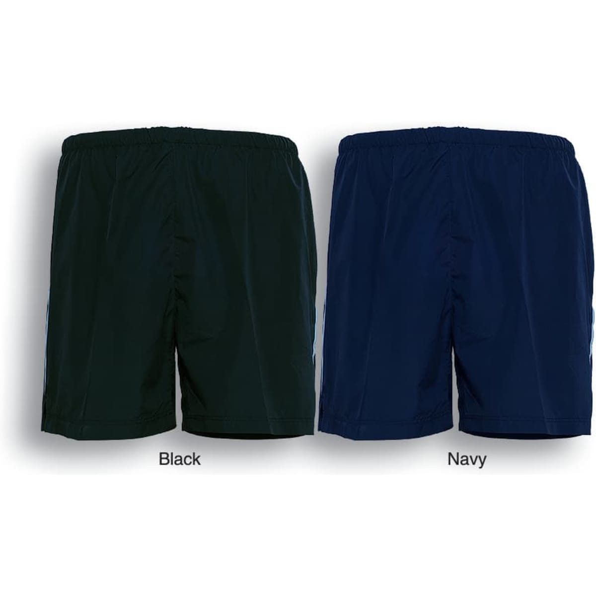 Men's athletic shorts in black and navy, featuring a non-branded design and elastic waistband.