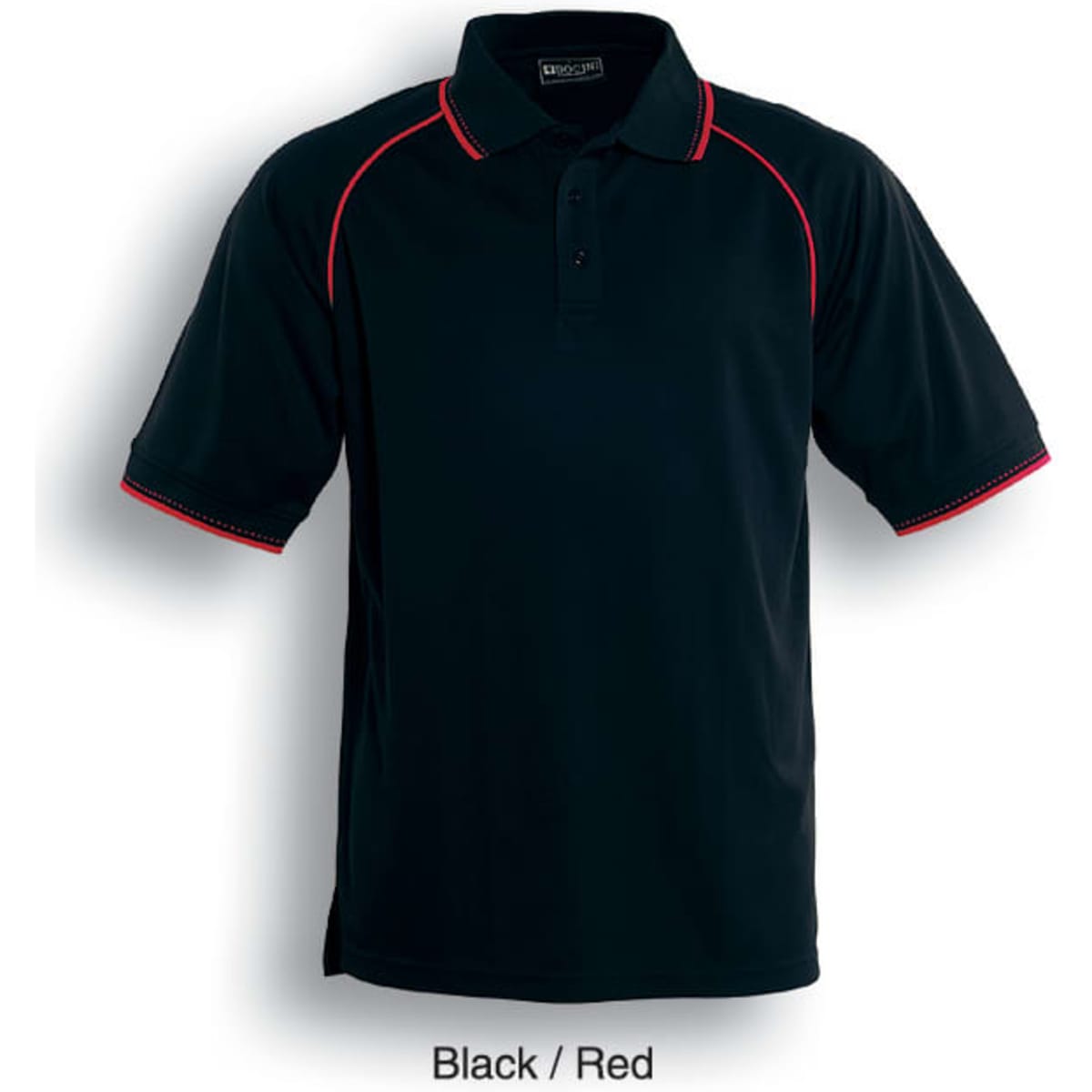A black and red unisex polo shirt with short sleeves and a collar. It features contrasting stitching and a logo.