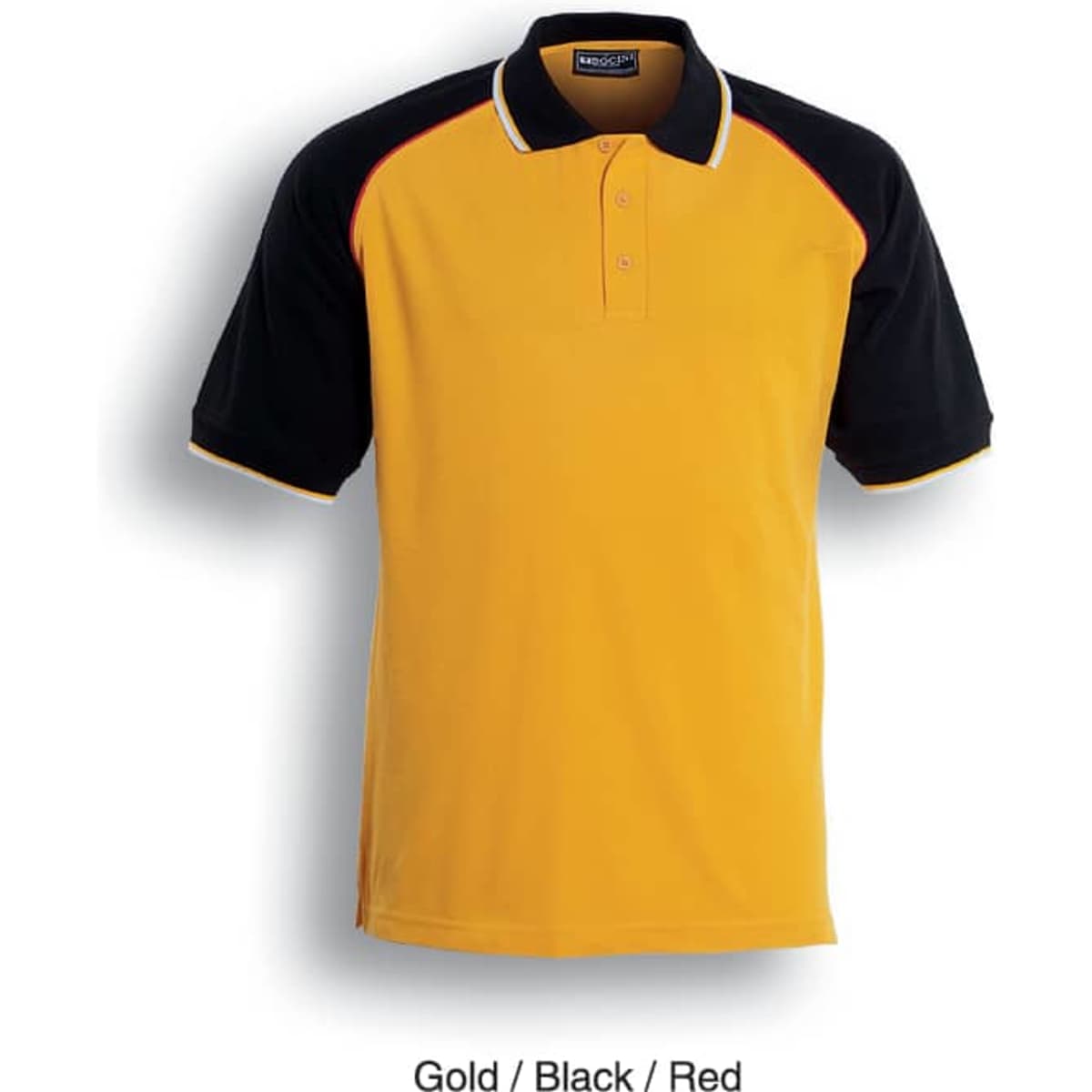 A three-tone polo shirt in gold, black, and red featuring a collar and a logo.