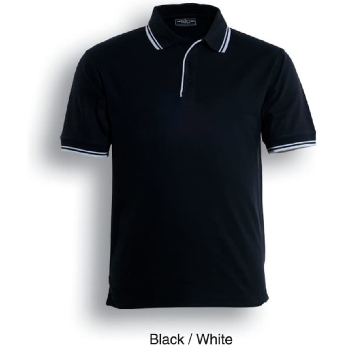 A black polo shirt with white double stripes and a logo on the collar.