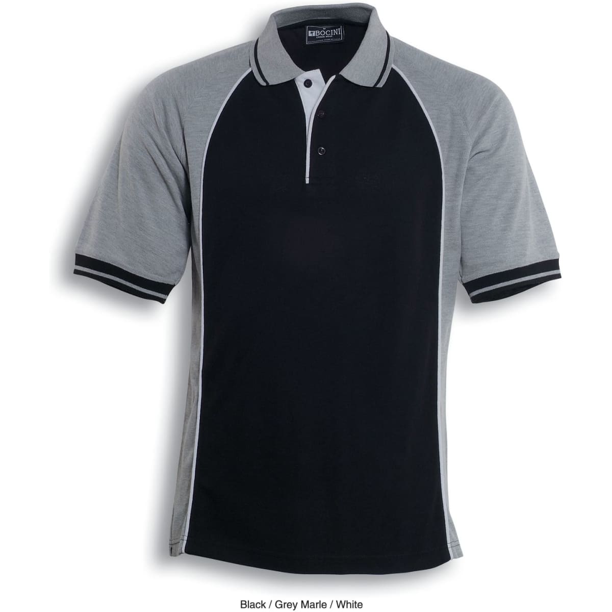 A black and grey marle polo shirt with white accents and a logo on the chest.