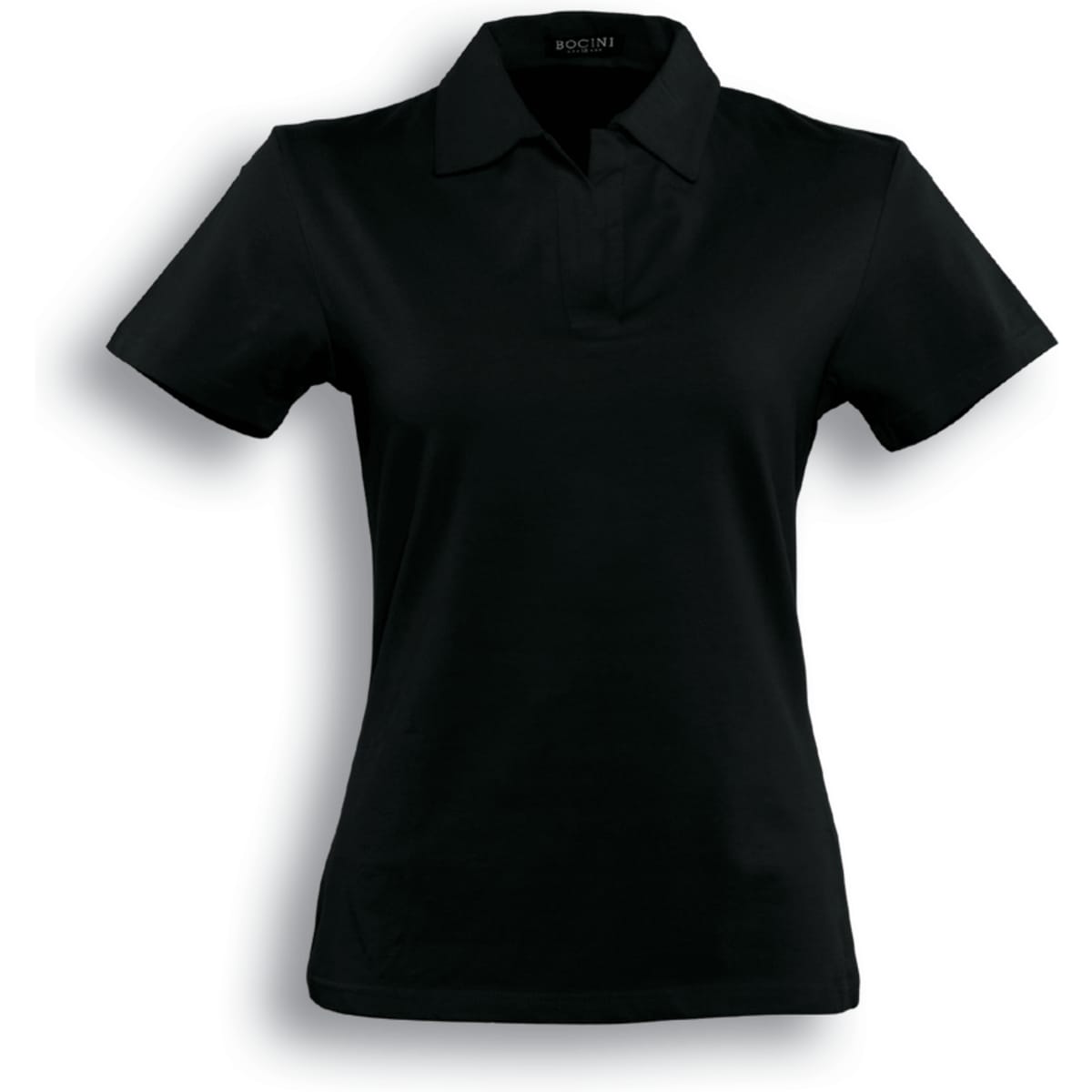 A black ladies' cotton spandex polo shirt with a collar and short sleeves, featuring a brand logo.