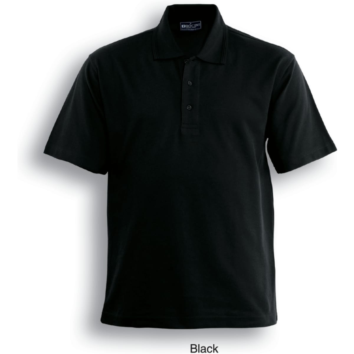 A black unisex adult cotton jersey polo shirt featuring a collar and three-button placket, with a logo on the chest.
