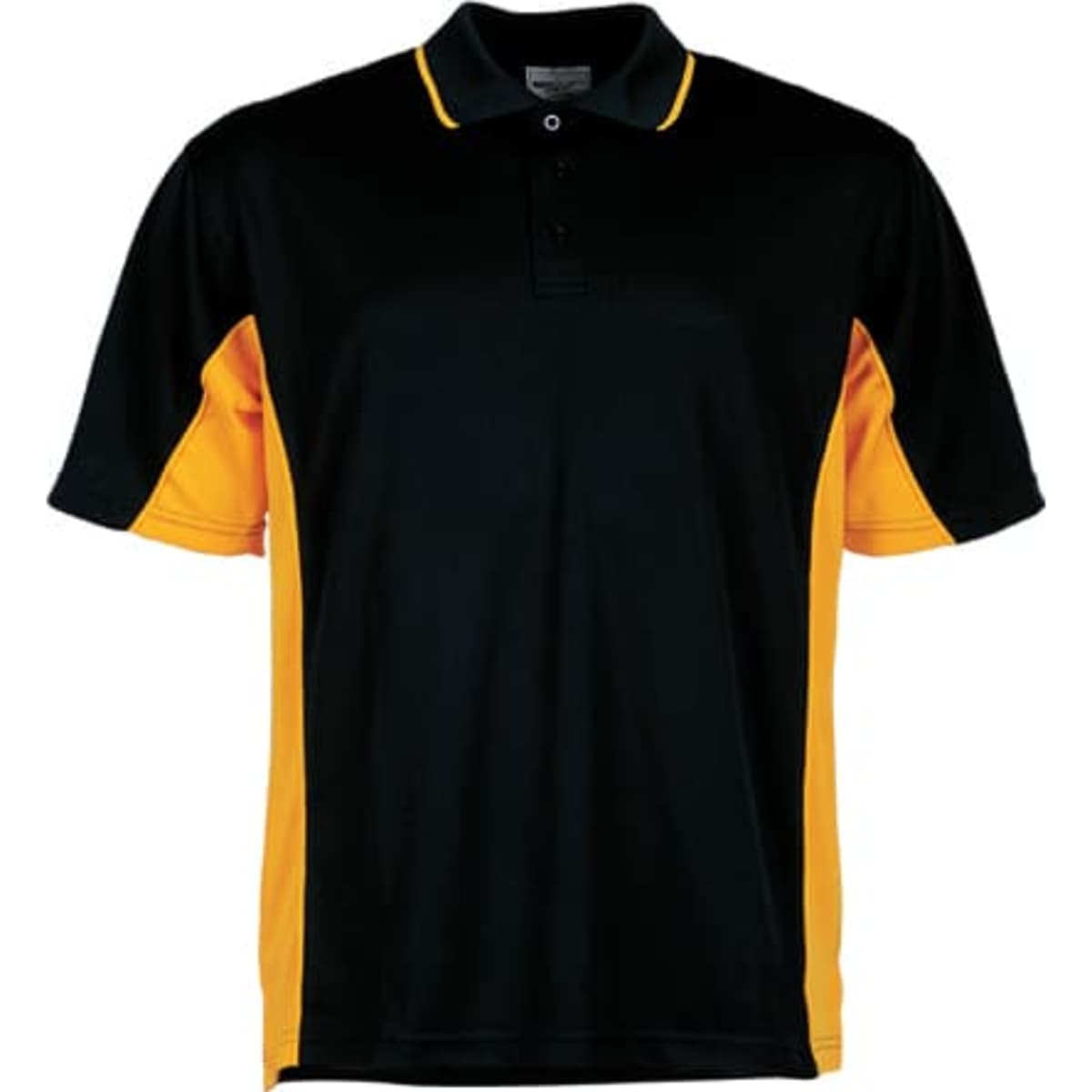 A black and yellow polo shirt featuring a collar and short sleeves, with a logo on the front.