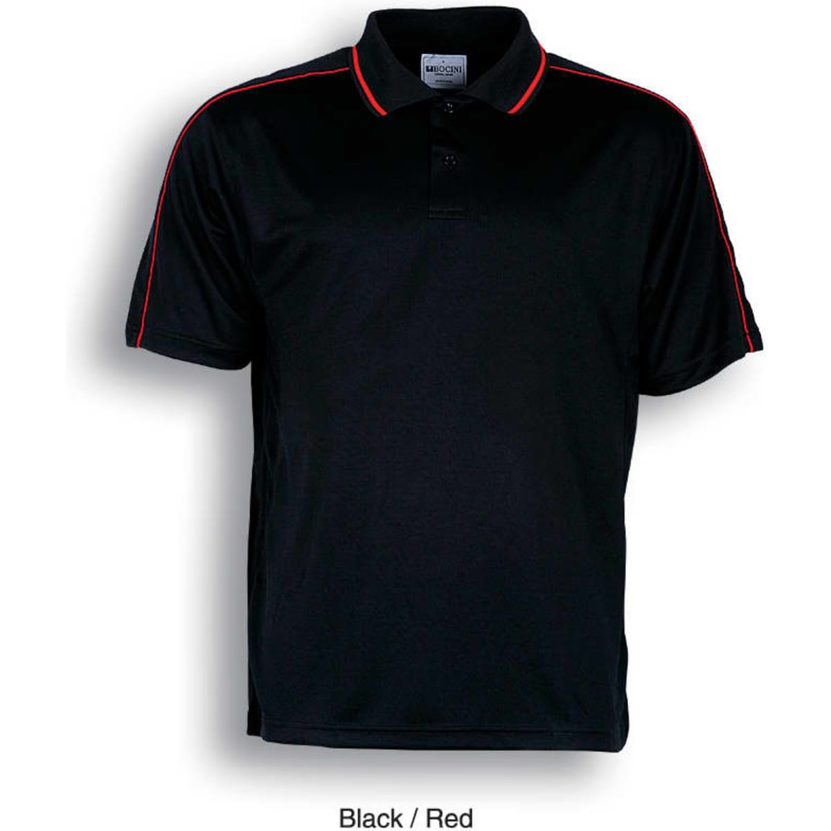 A black polo shirt featuring red accents and a collar, with a logo on the chest.