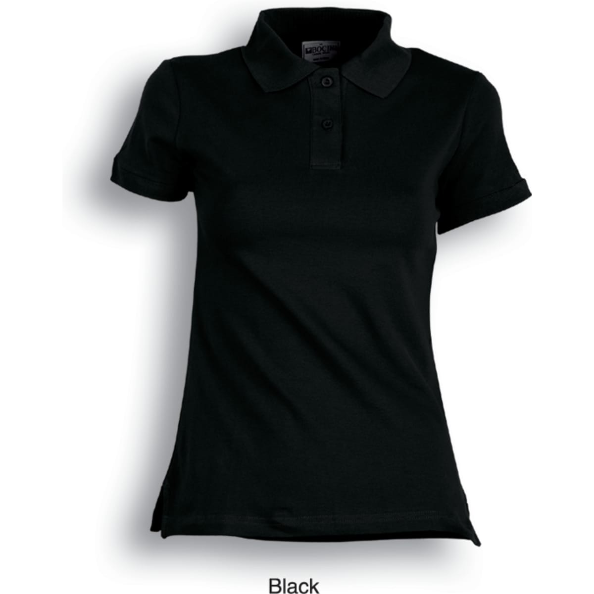 A black fitted cotton and spandex polo shirt featuring a classic collar and buttons, with a logo detail.