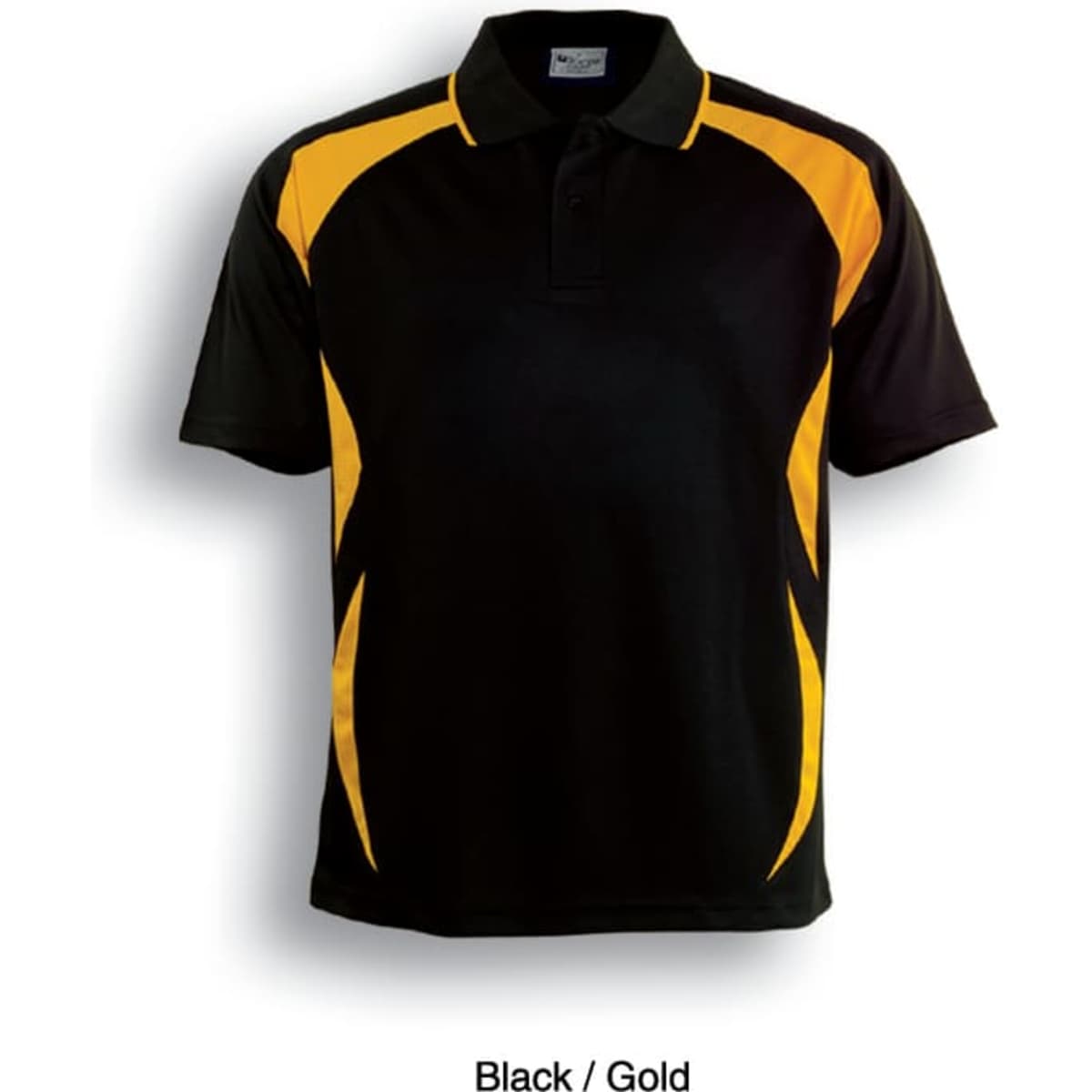 A black polo shirt with gold accents and a logo, designed for kids' sports uniforms.