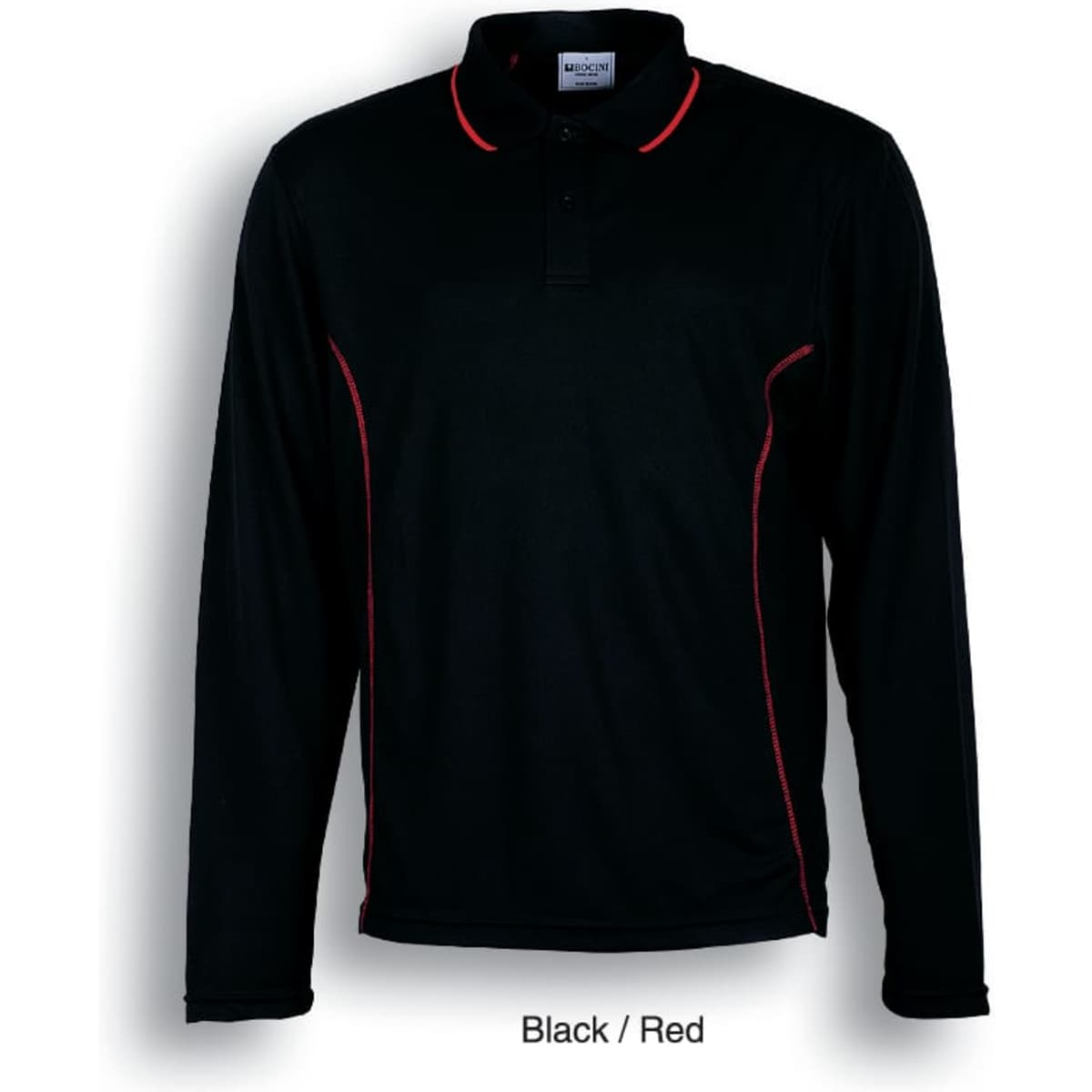 A black long sleeve polo shirt with red accents and a logo on the chest.