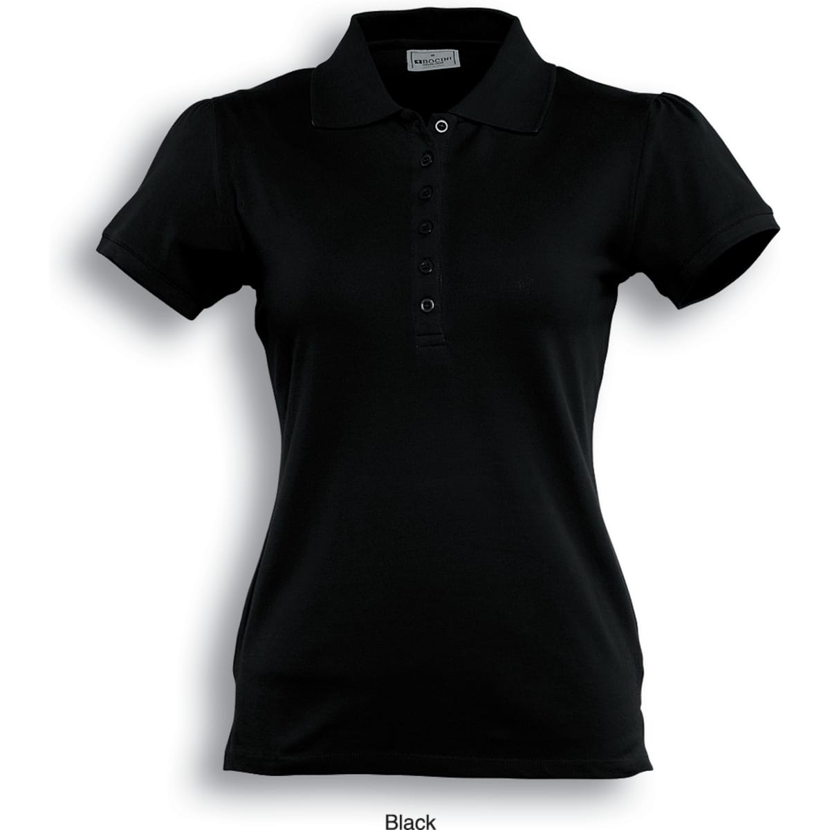A black ladies' polo shirt featuring a collared neck and short sleeves, with a logo on the chest.