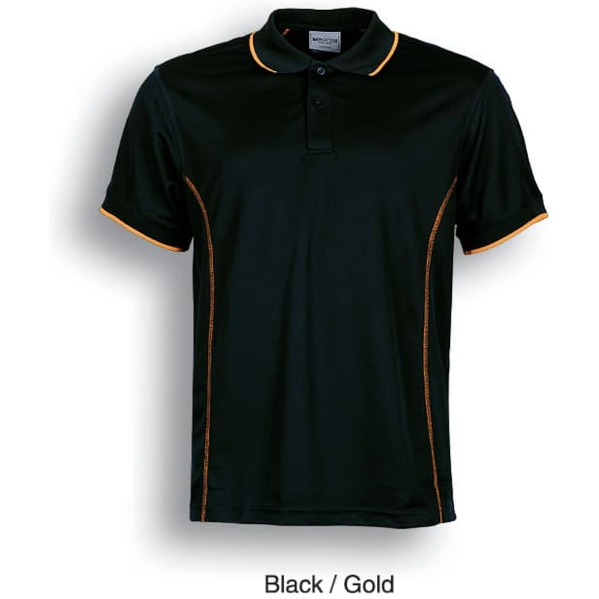 A black polo shirt with gold accents and a logo, featuring short sleeves and a classic collar.