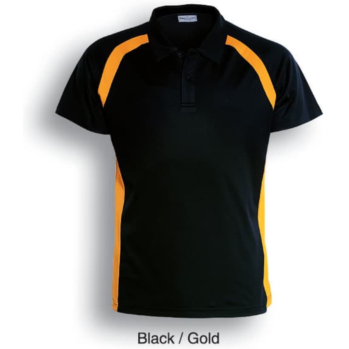 A black polo shirt with gold contrast panels. It features a collar and short sleeves, with a logo on the chest.