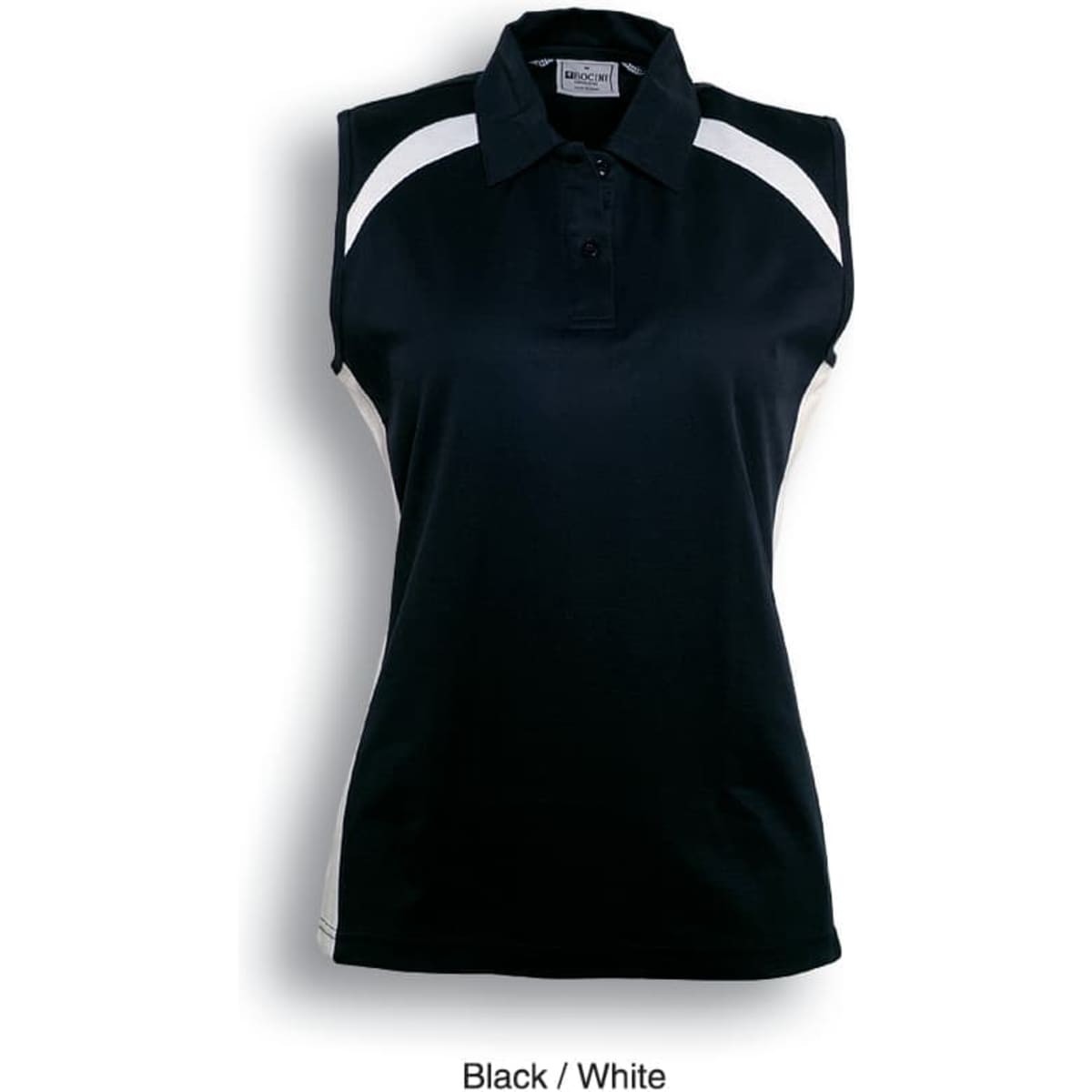 A ladies sleeveless polo shirt in black and white with contrasting details and a collar. Features a logo.