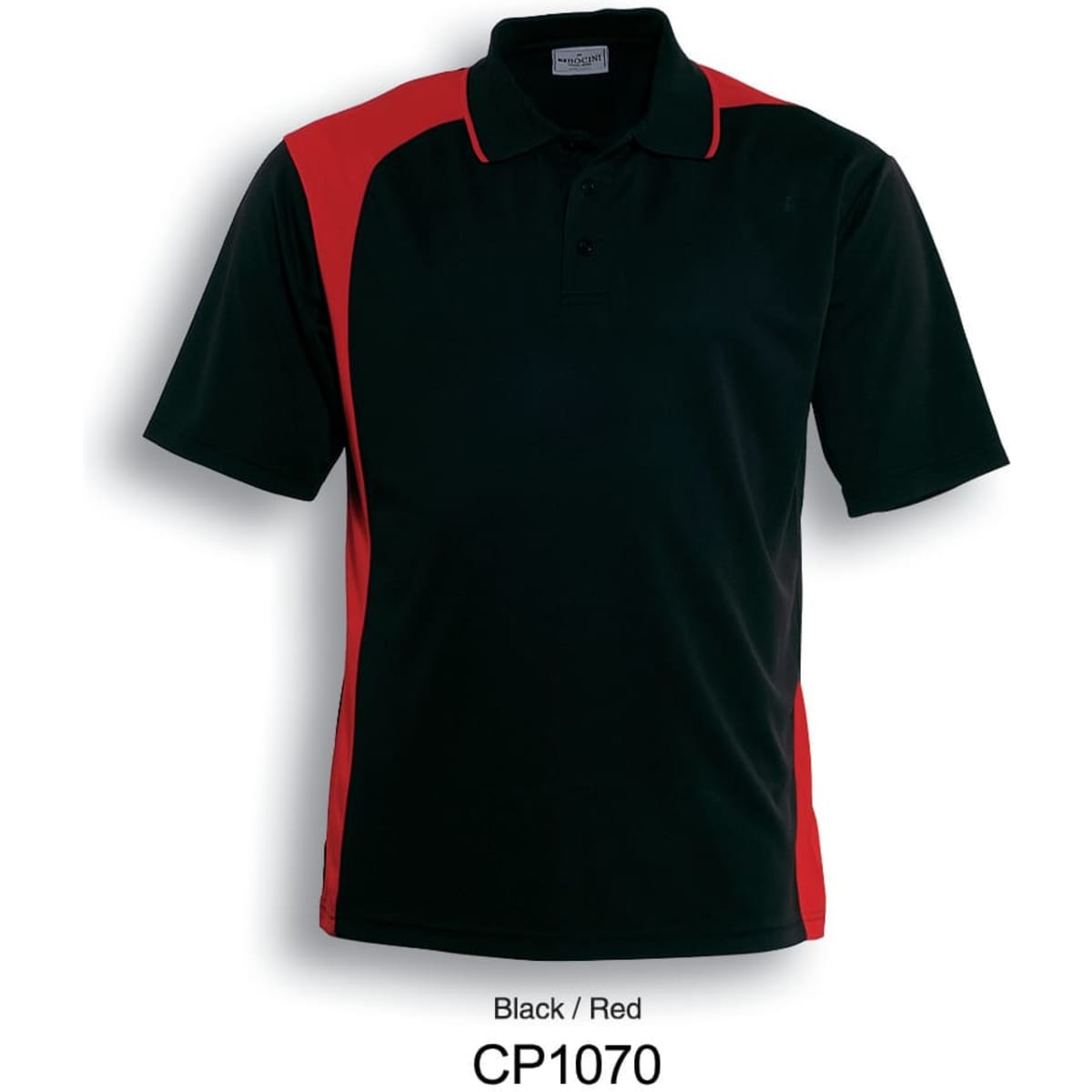 A black polo shirt with red asymmetrical accents and a logo. Ideal for unisex adults.