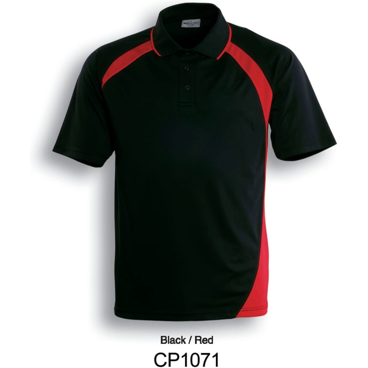 A black and red unisex dynamic polo shirt featuring a logo on the collar.