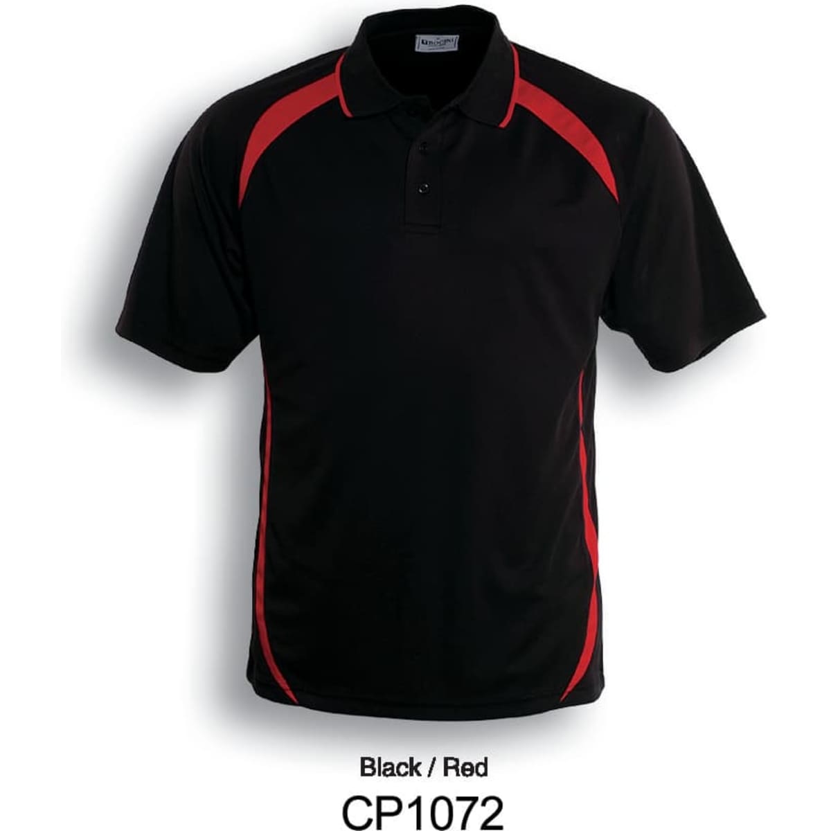 A black and red unisex polo shirt featuring contrast contour detailing and a discreet logo.