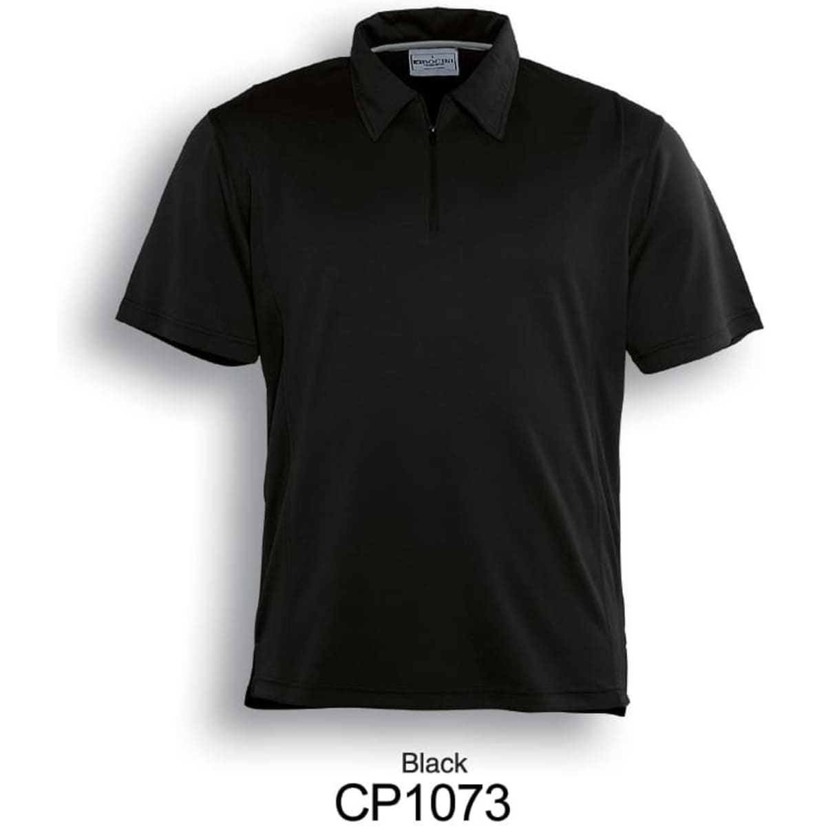 A black unisex golf polo shirt with a collar and a logo on the chest.