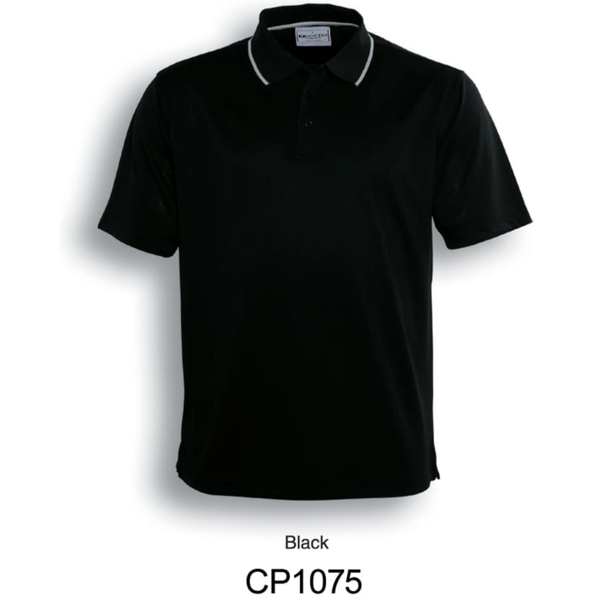 A black unisex polo shirt featuring a collar and contrasting detailing, with a logo on the chest.