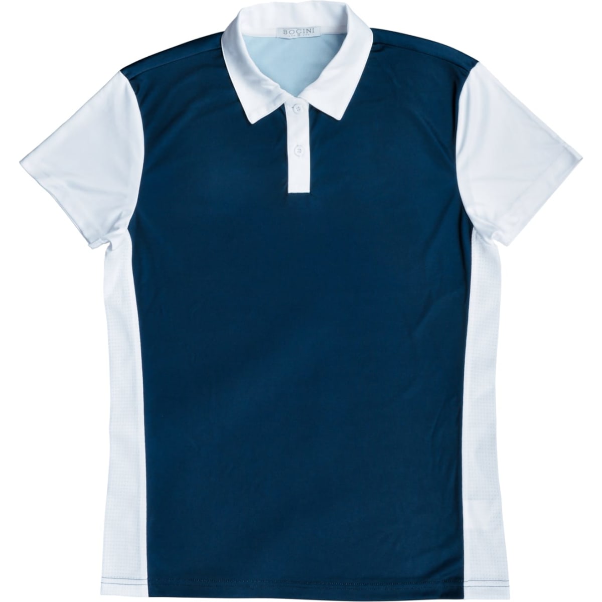 A ladies sports polo shirt in navy blue and white, featuring short sleeves and a collar. It has a logo on it.