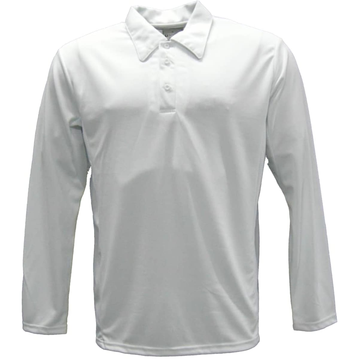 A long sleeve cricket polo in light grey, featuring a collar and front buttons, with a logo on the chest.