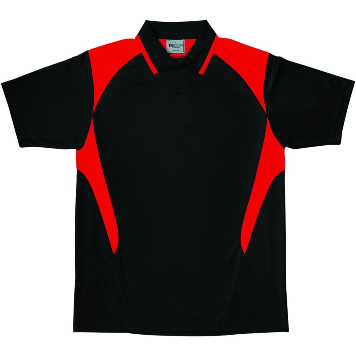A black polo shirt featuring red contrast panels and a branding logo. Short sleeves and a classic collar design.