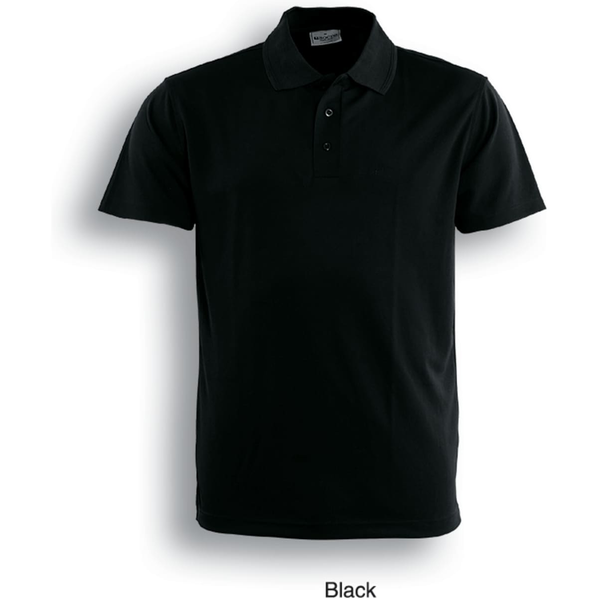 A black polo shirt with a collared neckline, featuring a button placket and branding logo.