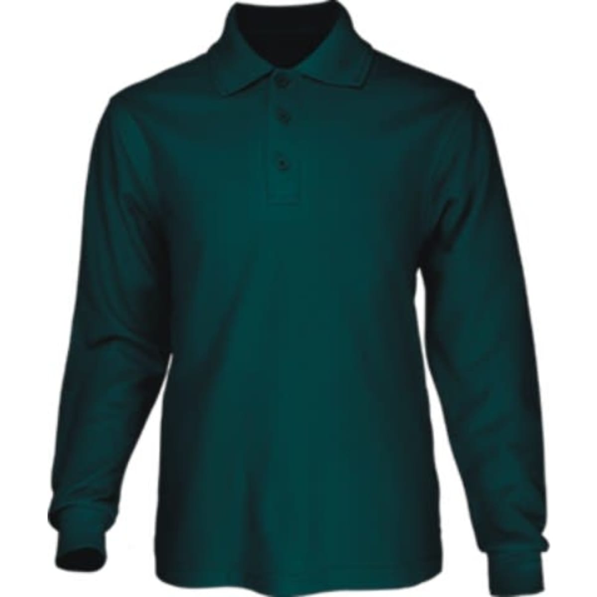 A dark green long sleeve polo shirt with a collar and three buttons, featuring a logo.