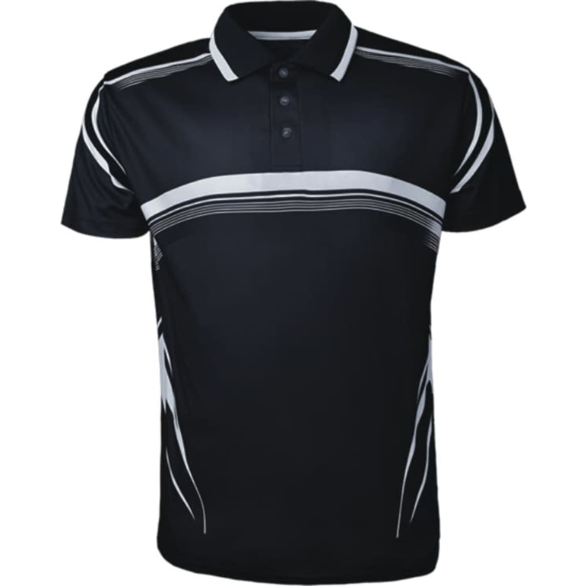 A black unisex polo shirt featuring white striped designs and a classic collar. It includes a logo on the chest.
