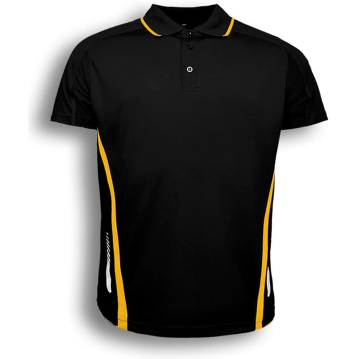 A black polo shirt with yellow side stripes and a collar, featuring a logo on the chest area.