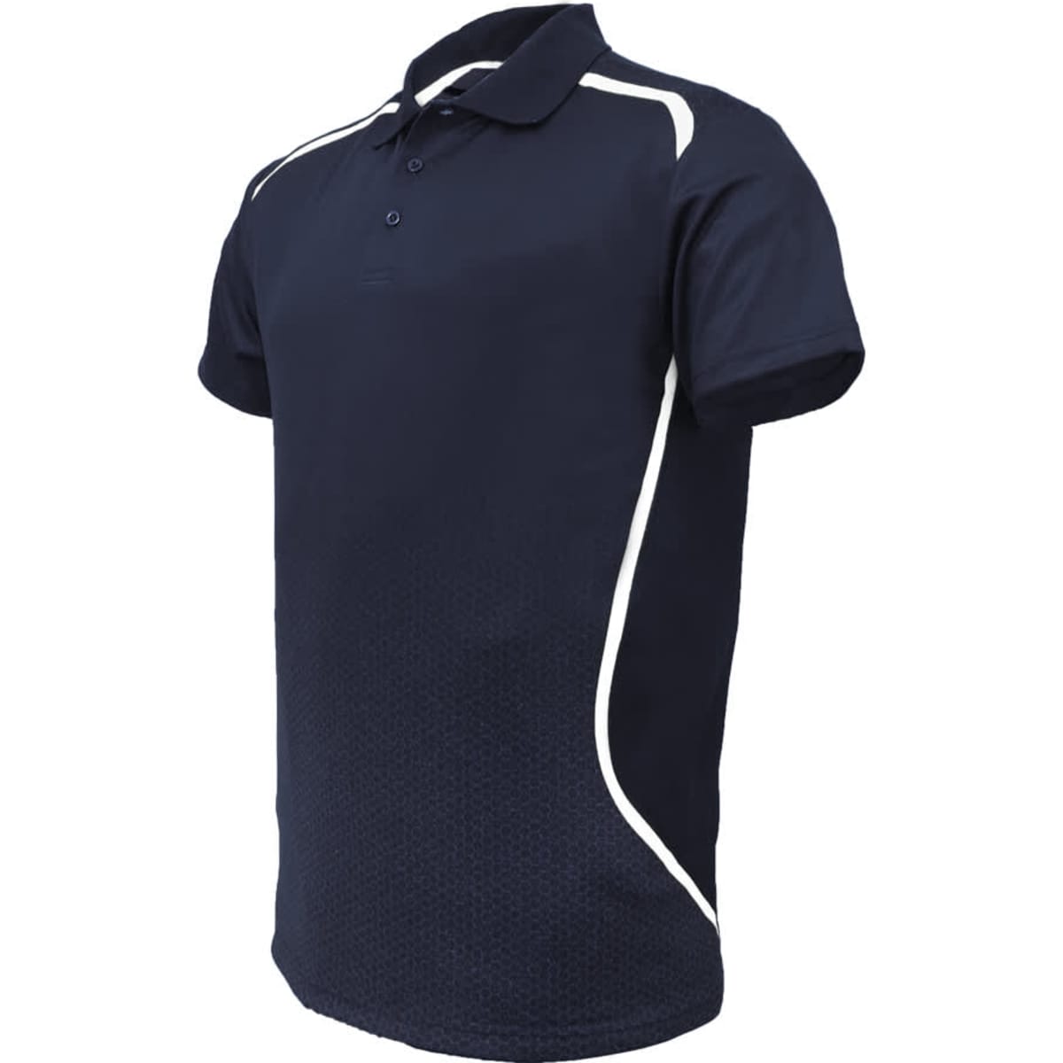 A navy blue unisex sports polo shirt featuring white accents and a logo.