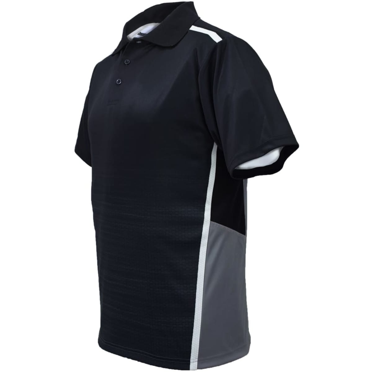 A black and grey unisex polo shirt with a logo and a sporty design, featuring short sleeves and a collar.