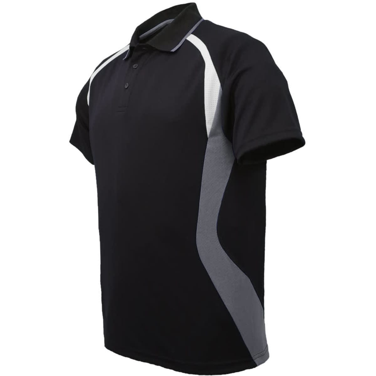 A black and grey kids' polo shirt with a subtle design and a collar. It features a logo on the chest.