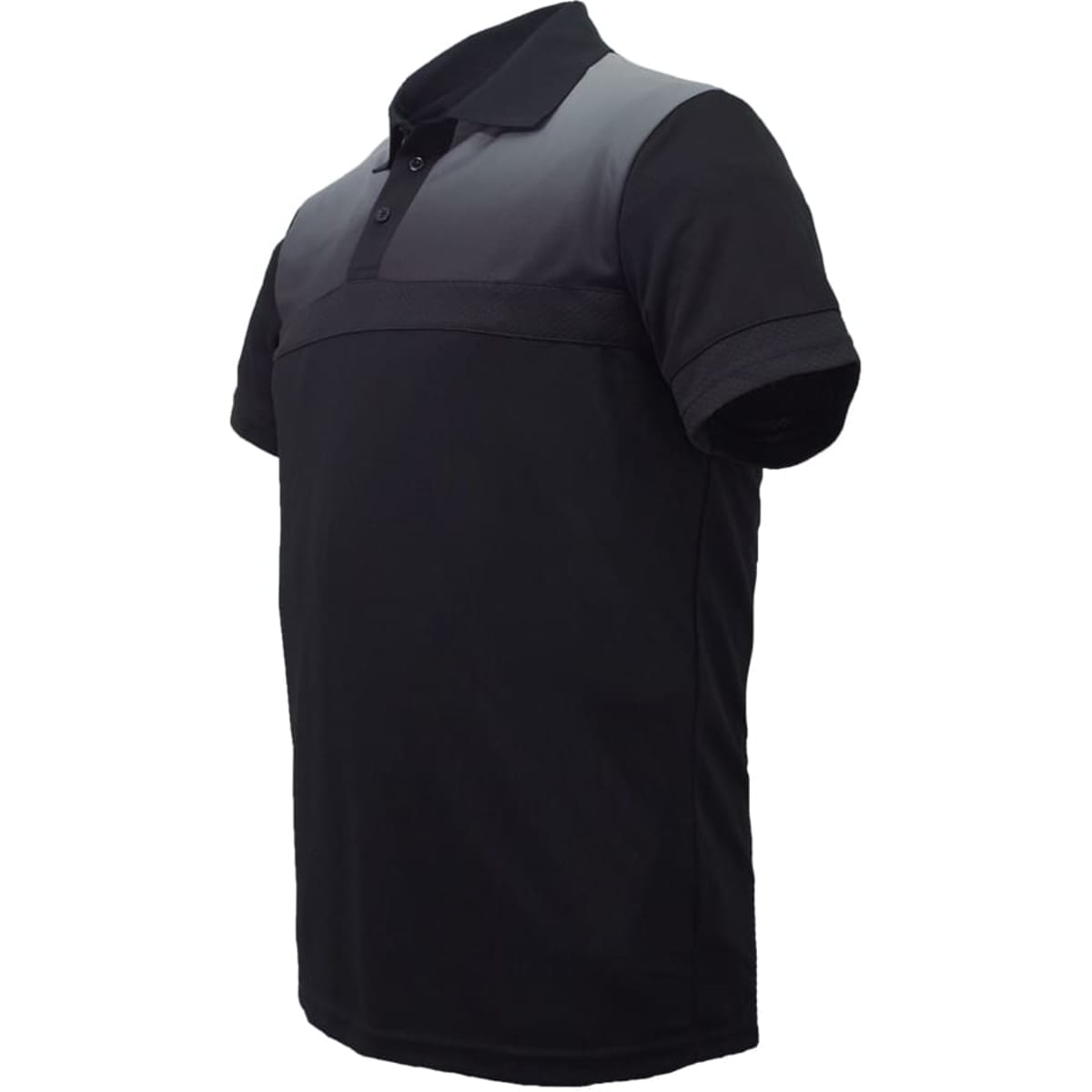 A black and grey unisex polo shirt featuring a collar and short sleeves, with a logo on the chest.