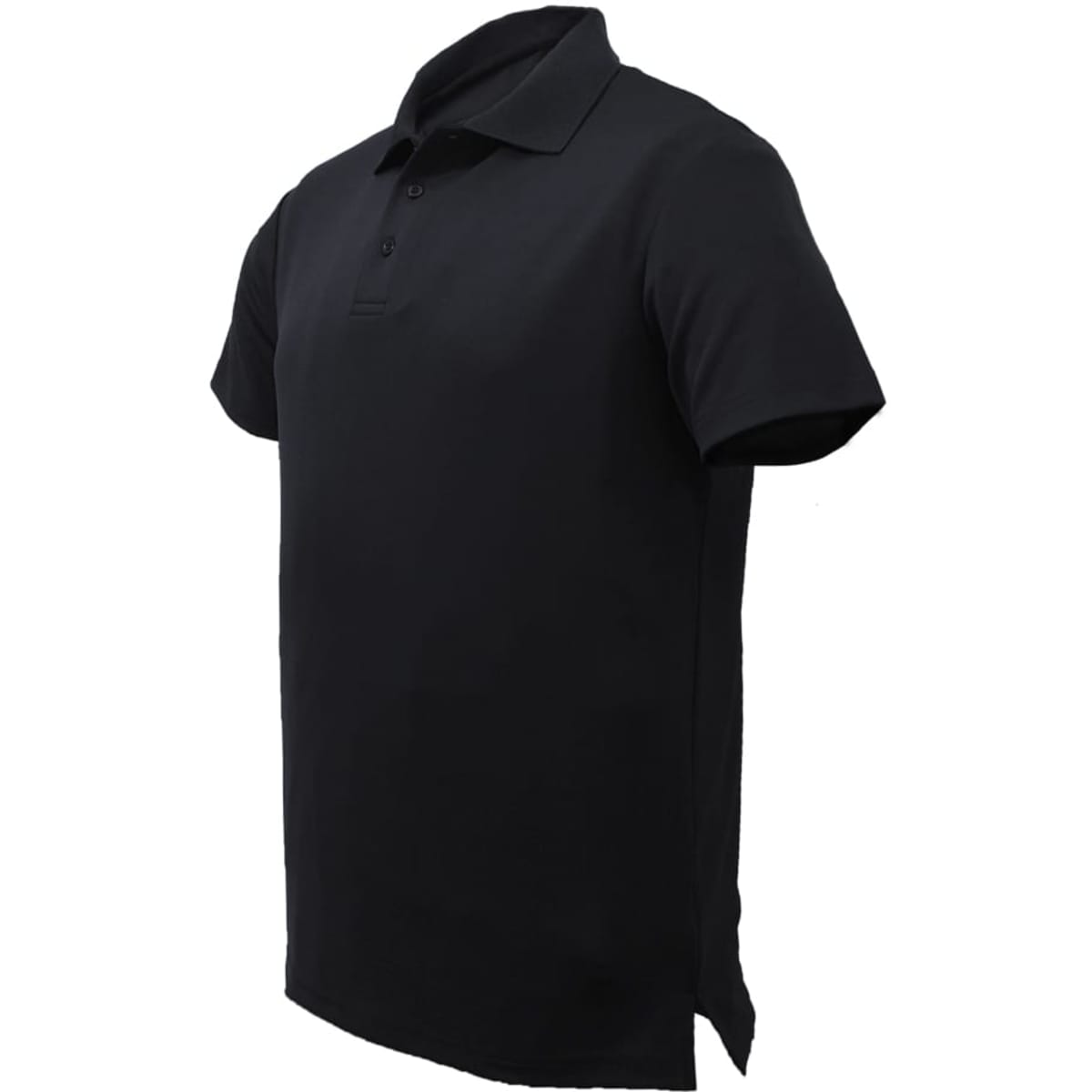 A black unisex polo shirt featuring a classic collar and a three-button placket, with a logo on it.