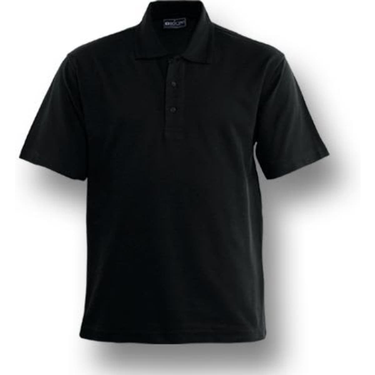 A black short sleeve polo shirt made from poly face and cotton backing, featuring a collar and three-button placket.