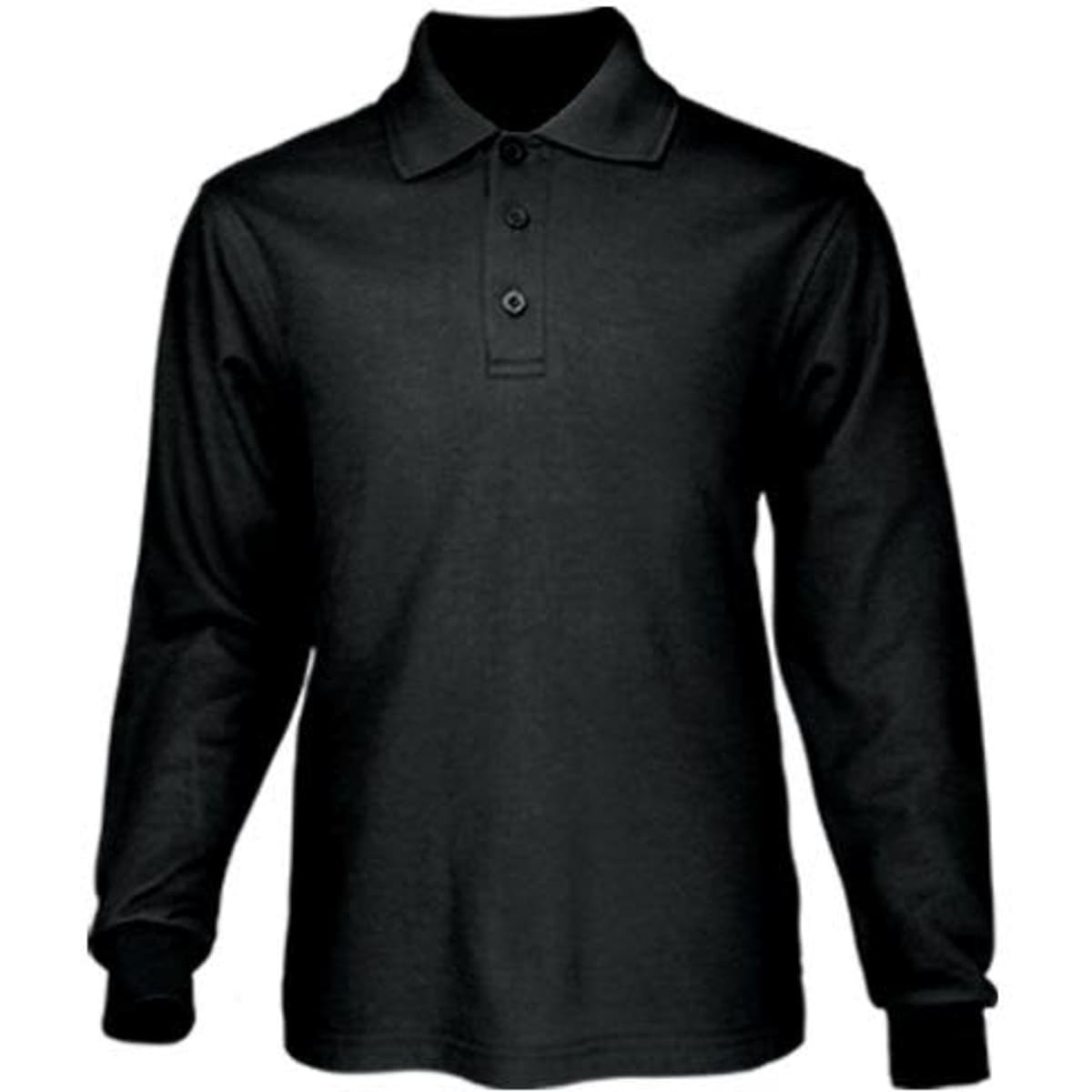 A long sleeve polo shirt in plain black, featuring a collar and button placket, with a logo on the chest.