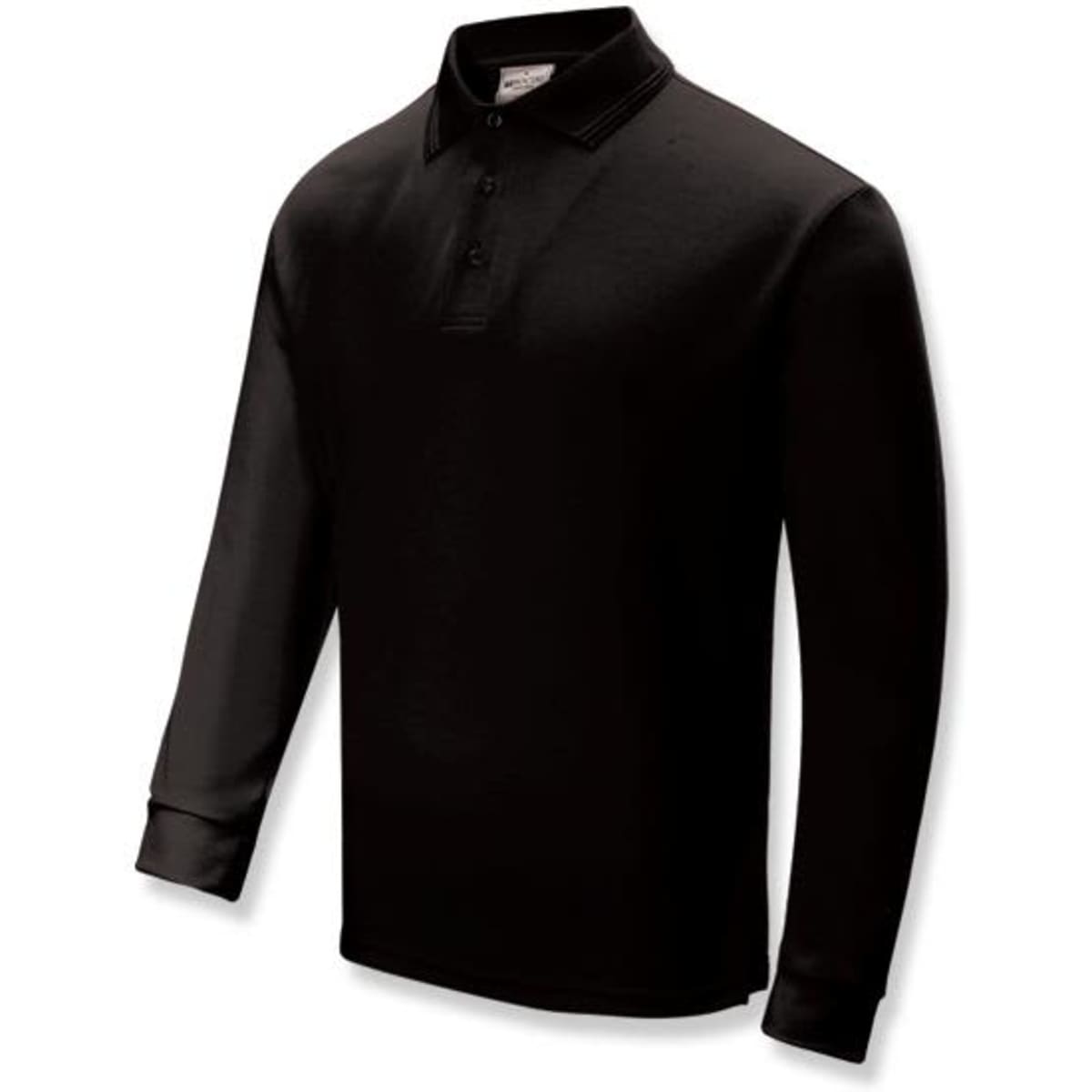 A black long sleeve polo shirt with a collar, featuring a logo on the chest.