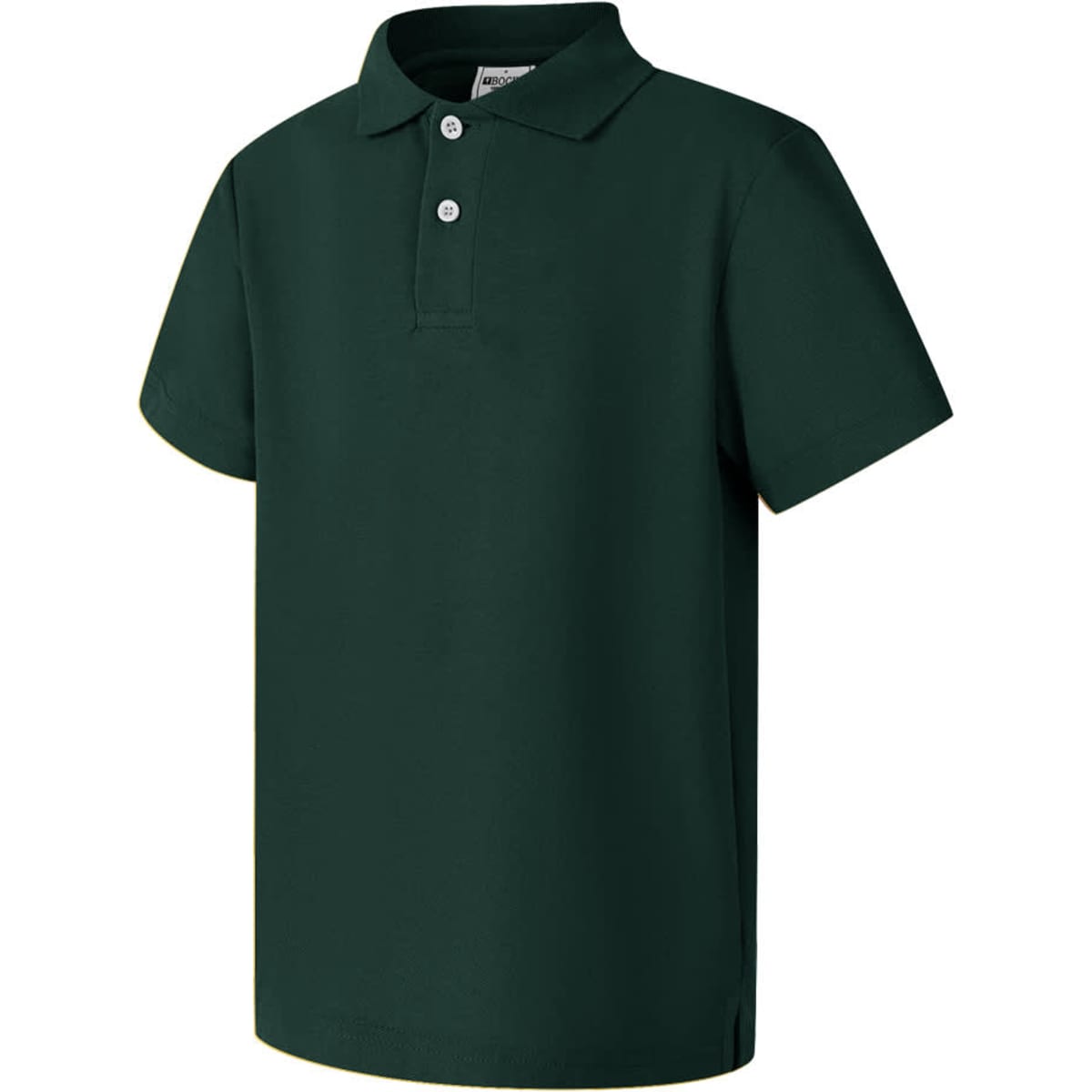 A dark green short sleeve polo shirt featuring a collar and three buttons, with a logo on one side.