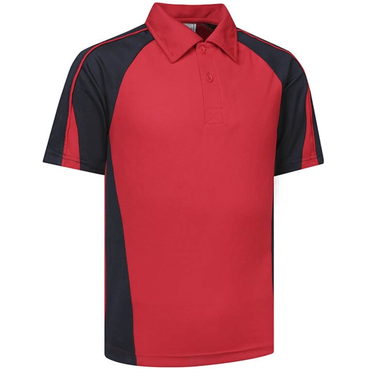 A red and navy blue polo shirt with a logo. Short sleeves and a classic collar design.