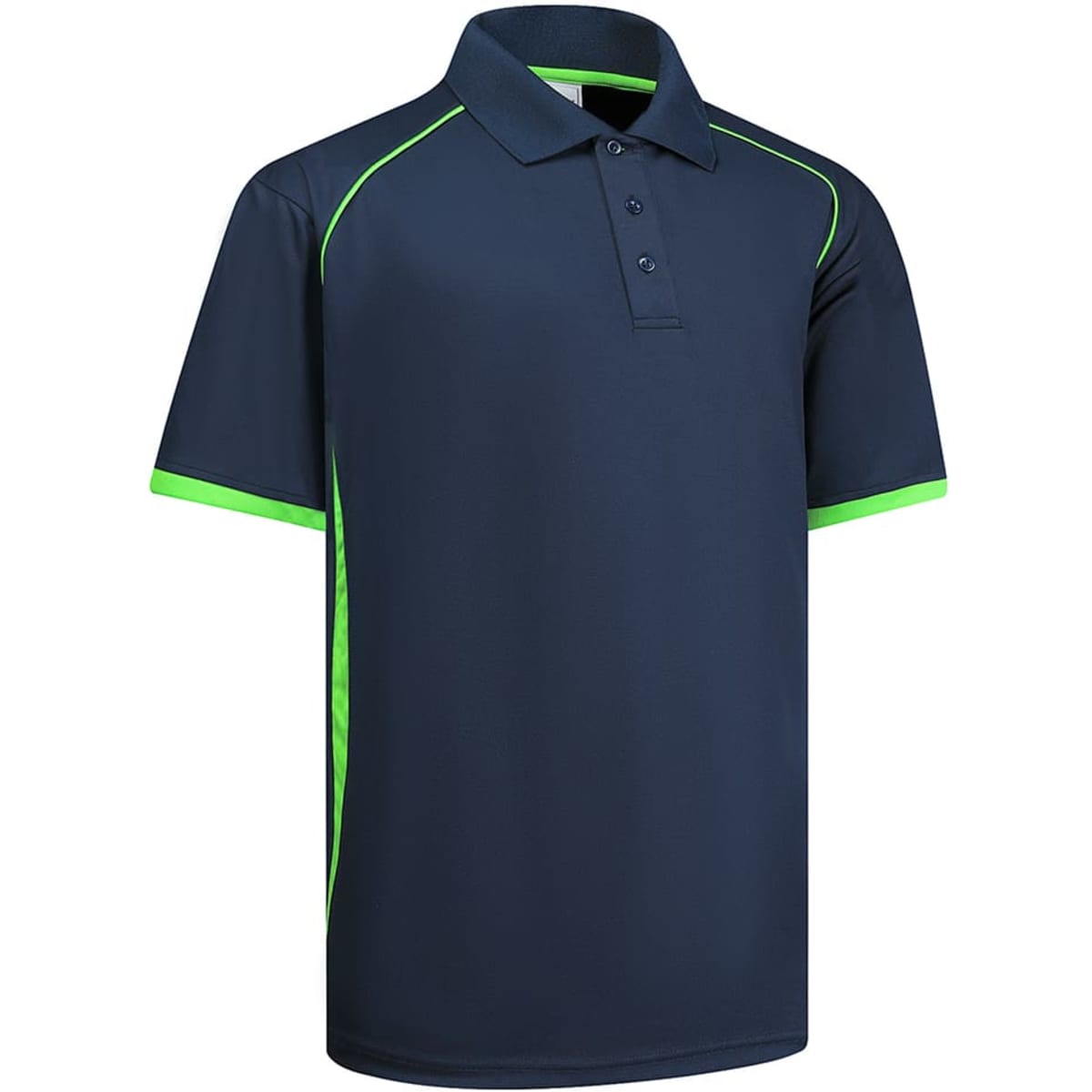 A navy polo shirt with lime green accents, featuring a collar and buttons, and a logo on the chest.