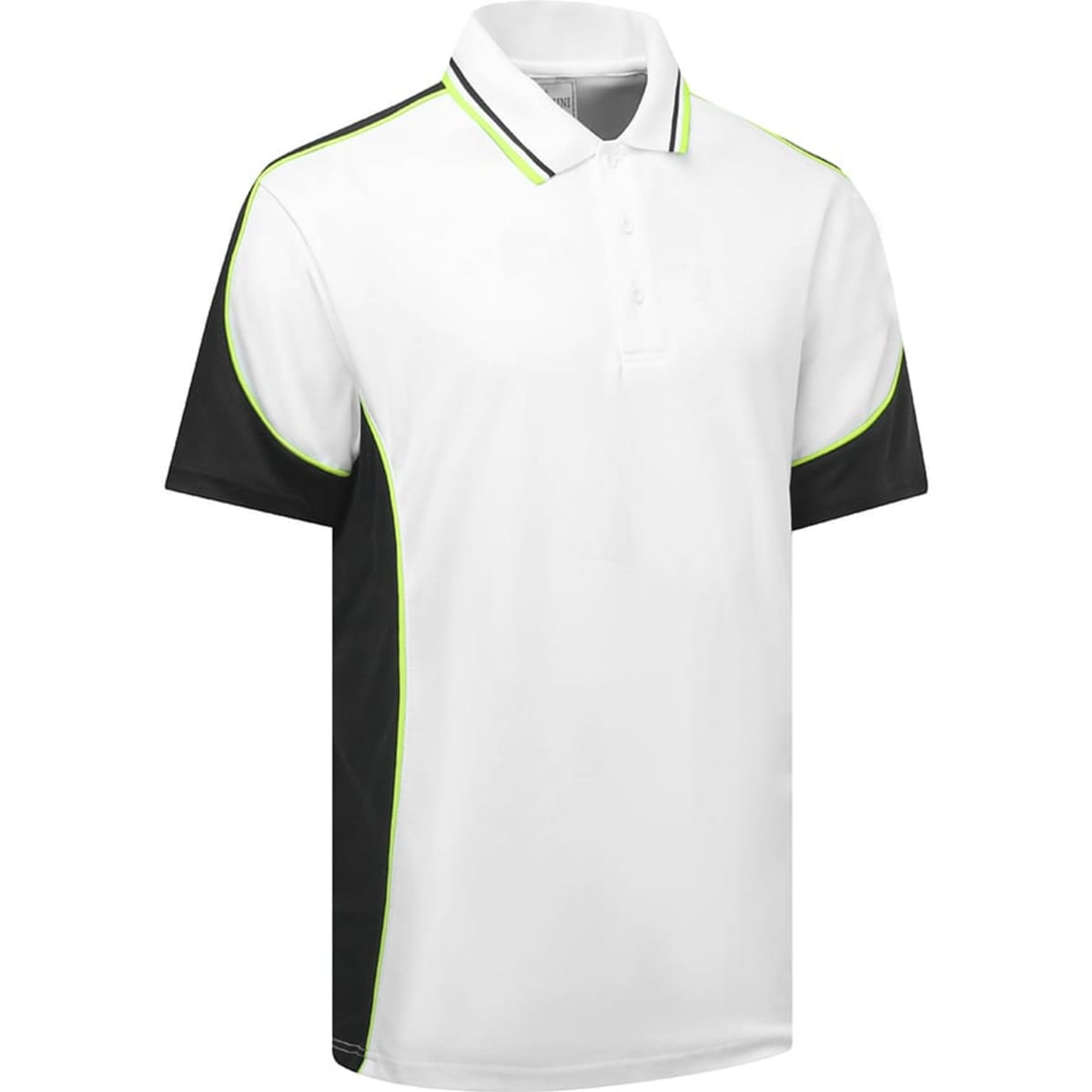 A white polo shirt with black sides and green accents, featuring a small logo on the chest.