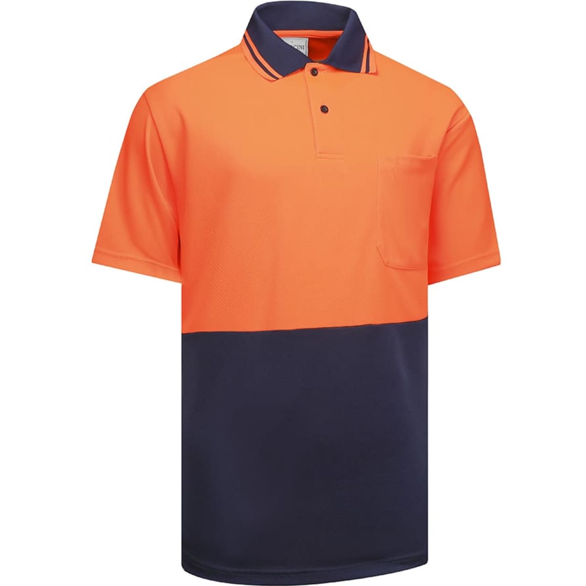 A two-tone safety polo in hi-vis orange and navy, featuring a collar and a pocket, with a logo.