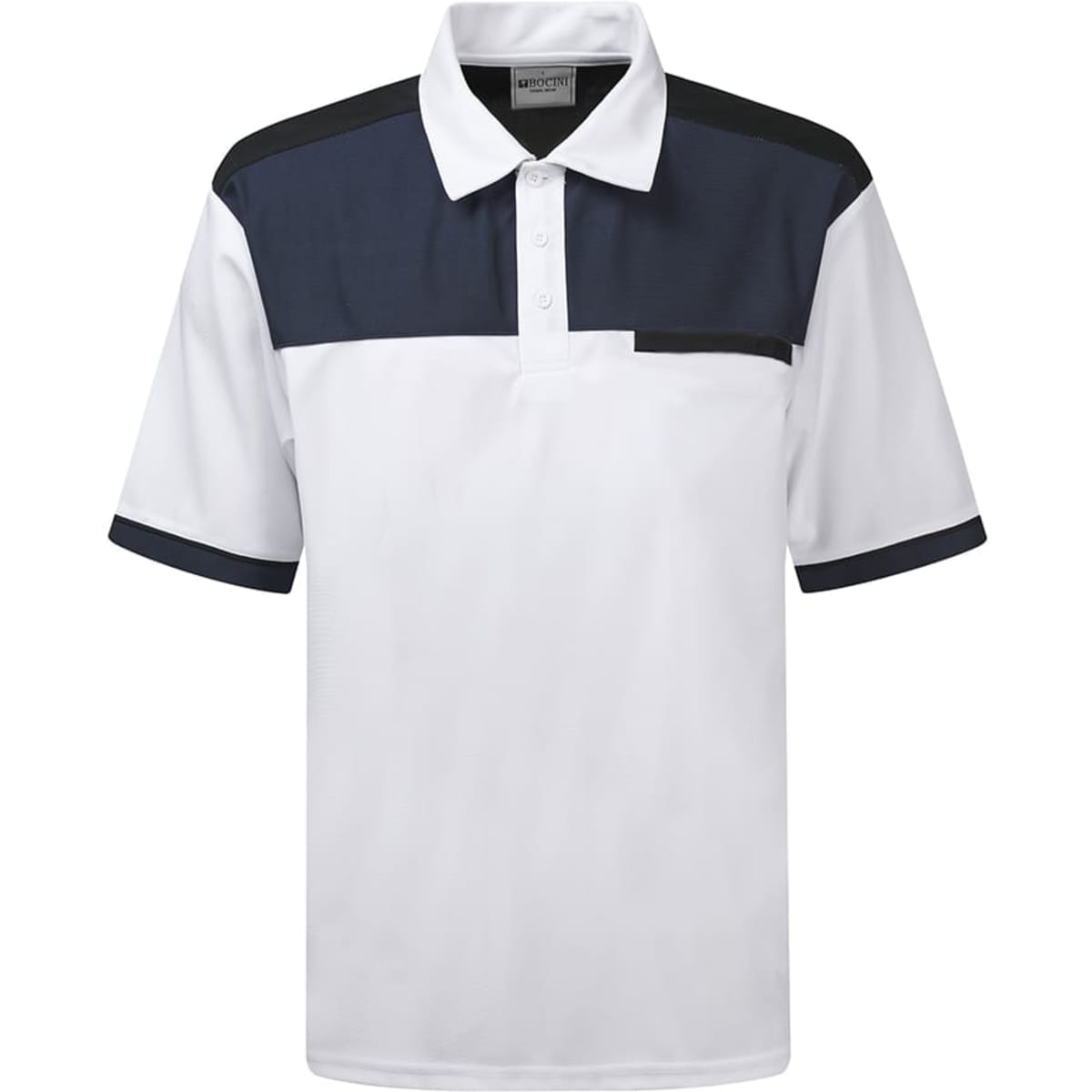 A white and navy SportTek polo shirt featuring a colour-block design and a logo.