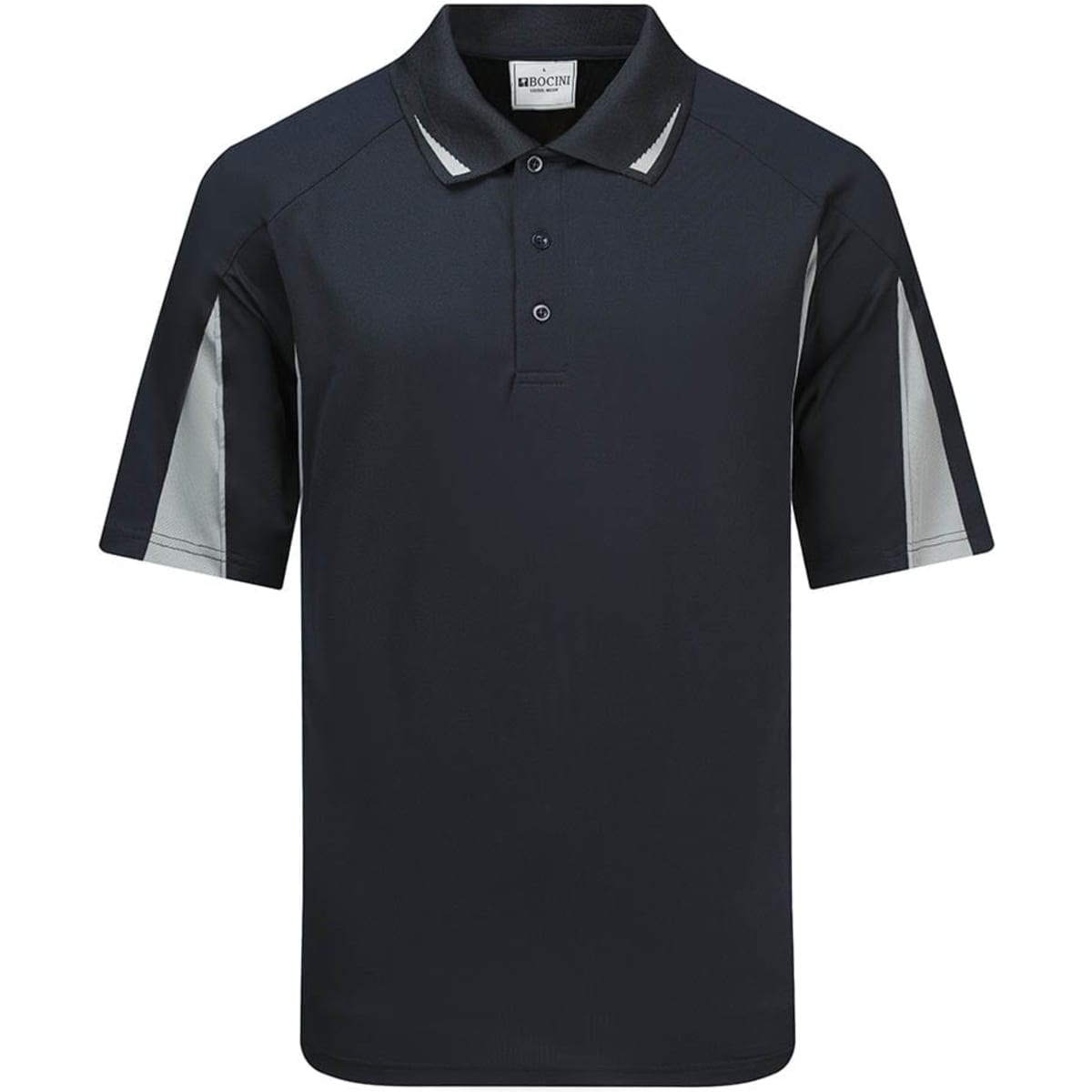 A navy polo shirt with grey accents and a branding logo on the chest. Short sleeves and a classic collar design.
