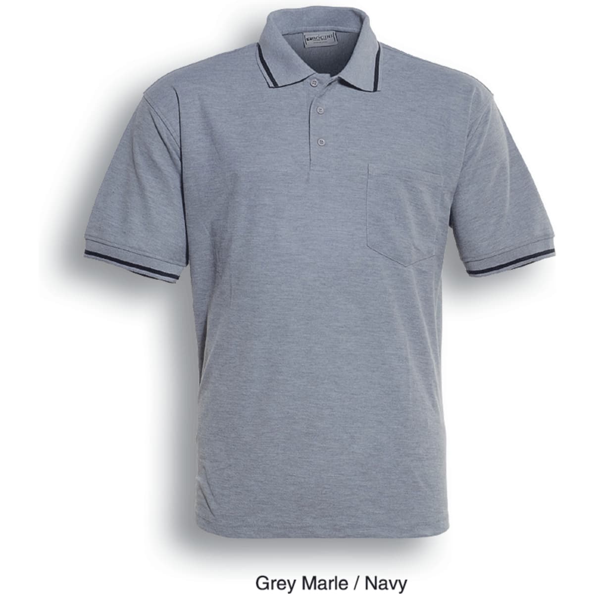 A grey marle and navy unisex adult pocket polo shirt featuring a collar and a logo.