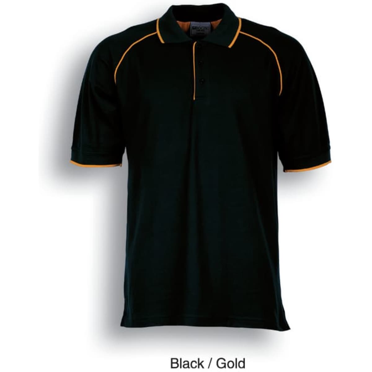 A black and gold unisex adults raglan polo shirt with a collared neck and short sleeves. It features contrasting stitching and a logo.