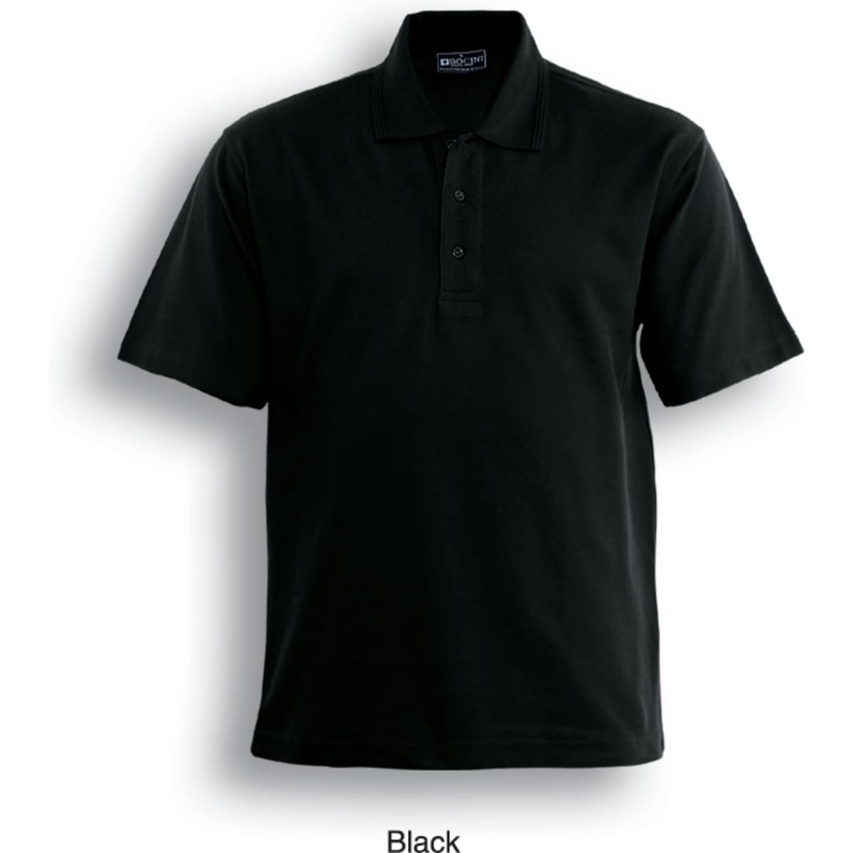 A black polo shirt featuring a classic collar and short sleeves, with a logo on the chest area.