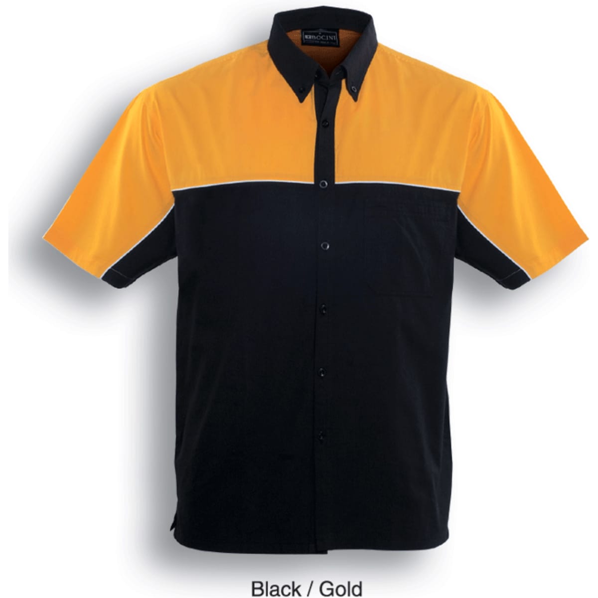 A short-sleeved button-up shirt in black and gold with a contrasting design and a logo on the chest.